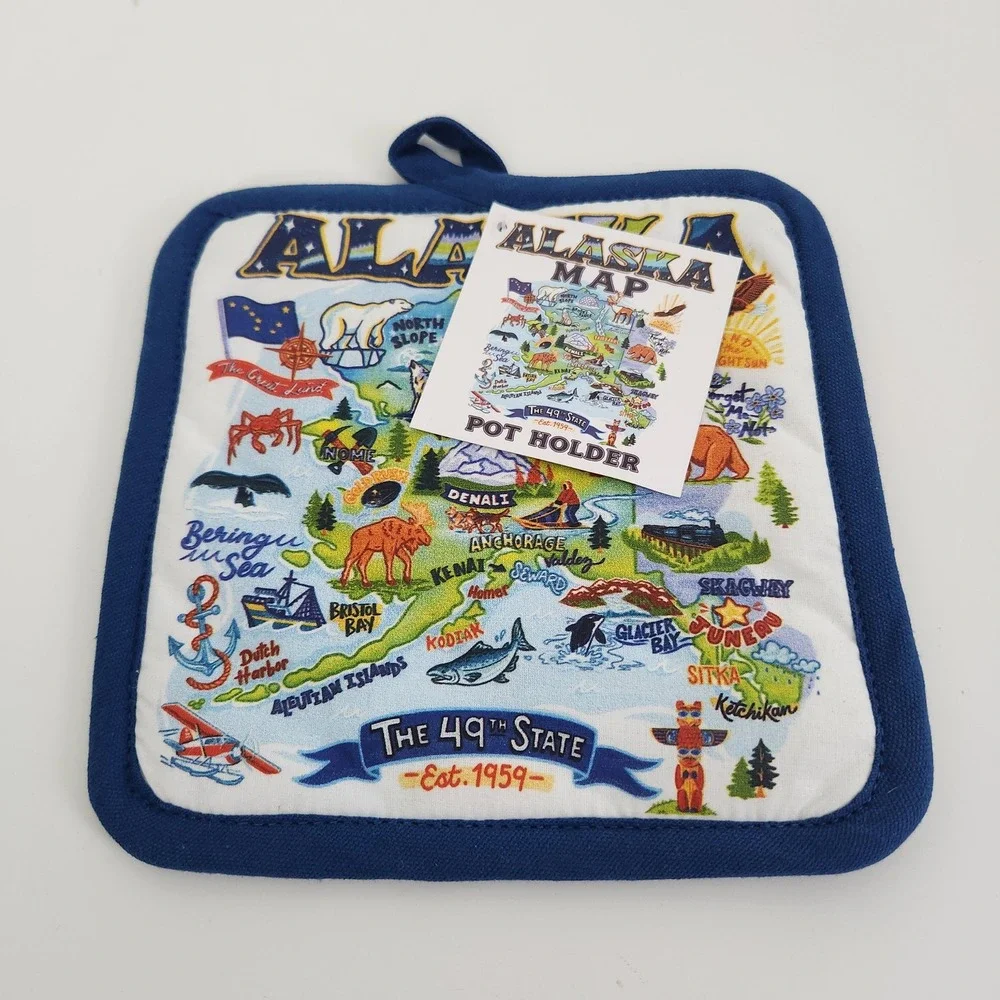 Alaska State Map Pot Holder The 49th State Souvenir Cotton Quilted Blue 8x8